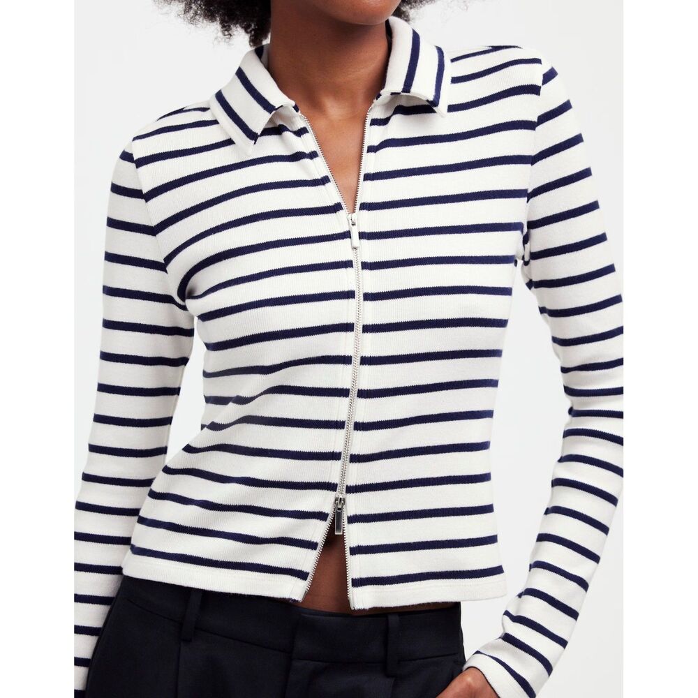 Madewell Ribbed Zip-Front Tee Size M Winter White Stripe 2-way Zip Long Sleeves